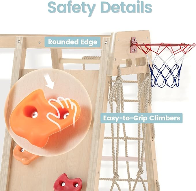 OLAKIDS Indoor Jungle Gym, 9 in 1 Wooden Montessori Baby Climbing Toys with Adjustable 2 Swings Ramp, Monkey Bar Basketball Hoop Ladder Climb Net (Natural)