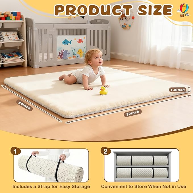 Yozoia Thick Baby Play Mat for Floor 50 x 50, Ultra Soft Playpen Mat, Machine Washable Tummy Time Foam, Non-Slip Bottom Helps Cushion, for Kids, Infant and Toddler Crawling