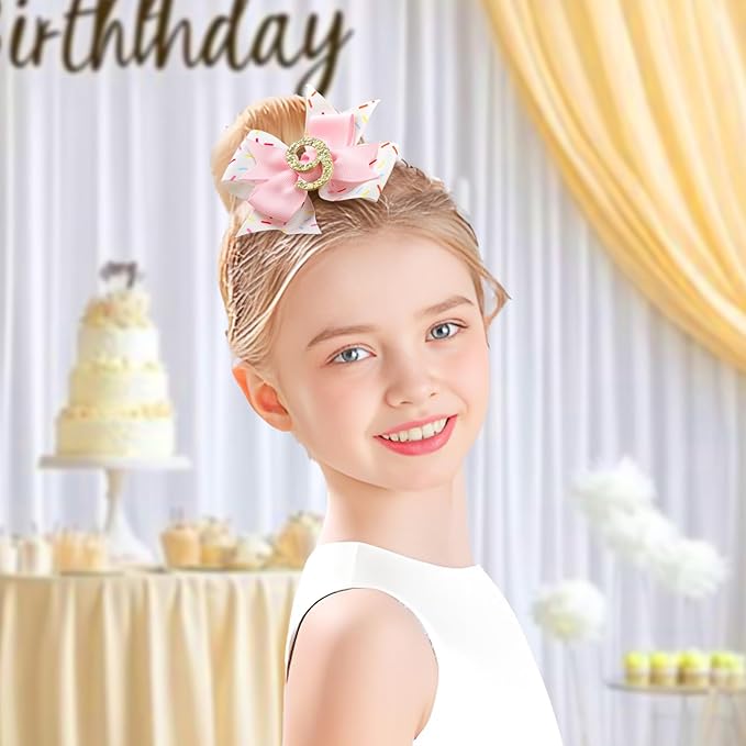 YanJie 1pcs 4'' Baby Hair Bow for 9 Years Old 9th Birthday Outfit Girl Birthday Decorations for Girl Glitter Infants Hair Clips Accessories with Bows