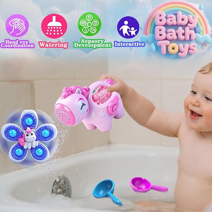 Baby Bath Toys for Kids Ages 1-3, Bathtub Toys for Babies 6-12-18 Months Toddlers, Suction Cup Spinner Toys & Unicorn Watering Can, Sand Beach Pool Water Table Toys for Infants Girls 1 2 3 4(Pink)