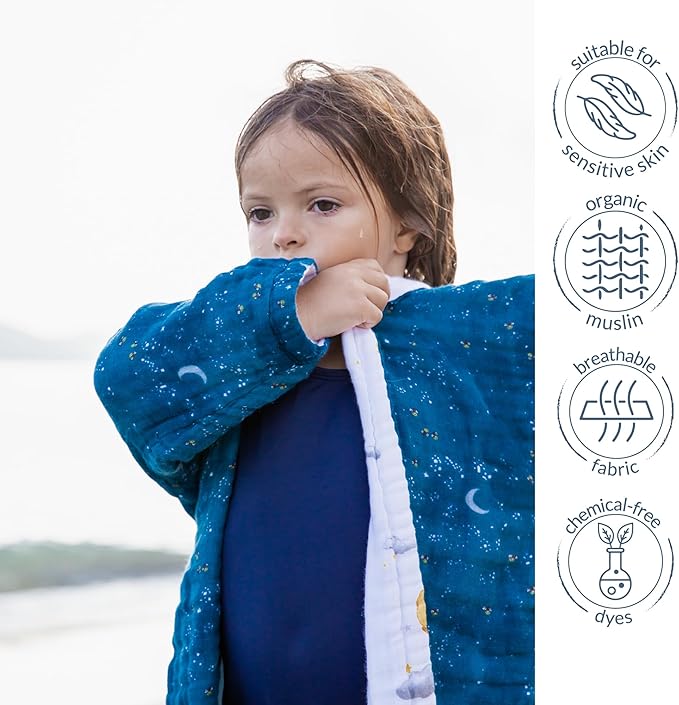Malabar Baby Organic Cotton Muslin Wearable Hooded Towel, Bath, Pool & Beach Cover-up for Size 3-4 Years - Mystical Night