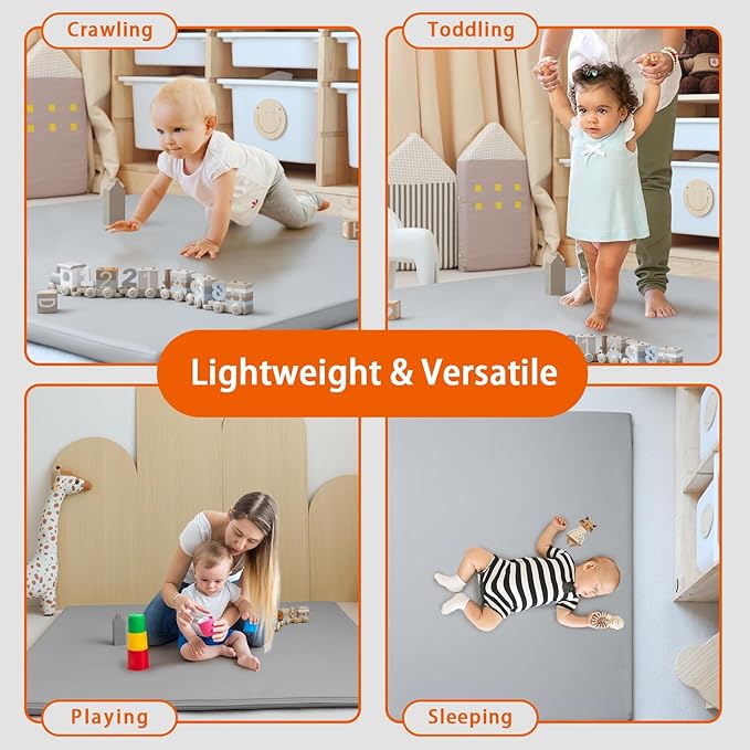 Hoohtoot Foam Play Mat for Baby: PU Leather Waterproof Kids Playmat - Gray Baby Play Mats for Floor - Thick Play Mat for Playpen Padded Playpen Mattress Soft Infant Mat for Preschool (Grey Foam mat)