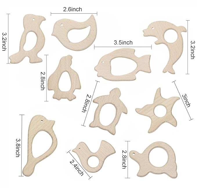 Penta Angel 10Pcs Wood Teething Rings Pain Relief Natural Wood Teething Toys Wooden Teether Animals for Infant Toddler, Turtles Swallows Dolphins Starfish Pigeons Birds Woodpeckers Fish Turtle