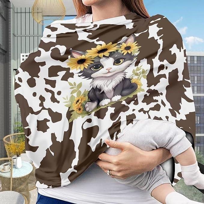 Cow Cat Baby Car Seat Cover Durable Washable Breastfeeding Scarf Dust Cover Privacy Protection Lightweight Durable Multi-Purpose Car Seat Canopy Cover