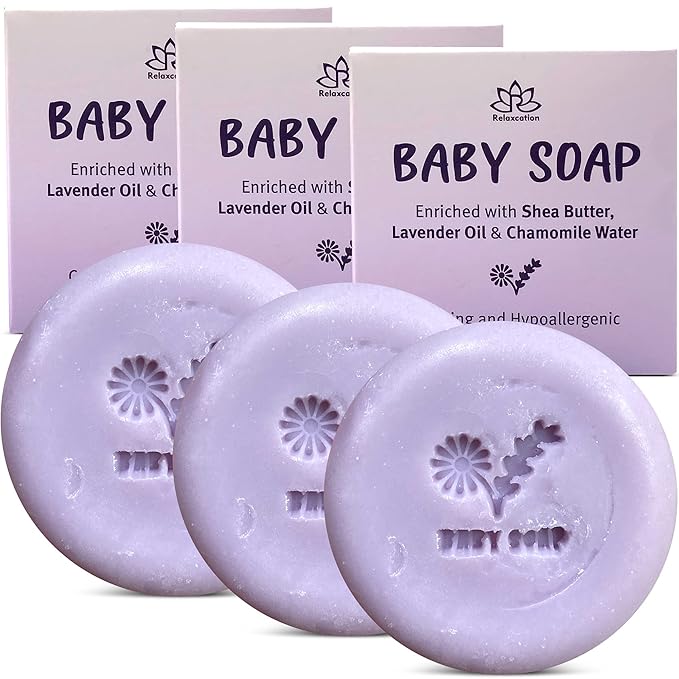 Relaxcation Baby Soap Bar with Lavender Essential Oils, Organic Chamomile Water and Moisturizing Shea Butter - Naturally Cold Process in USA - Gift For Newborns, Baby, Kids (3-pack)