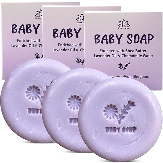 Relaxcation Baby Soap Bar with Lavender Essential Oils, Organic Chamomile Water and Moisturizing Shea Butter - Naturally Cold Process in USA - Gift For Newborns, Baby, Kids (3-pack)