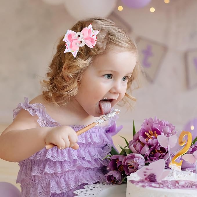 Birthday Pearl Hair Bow Clips for Baby Girls - 2Pcs Sweet Pink Hair Clips Number 3 Made of Many Small pearls for 3rd Birthday Bow Party Decorations for Girls Toddlers Hair Accessories
