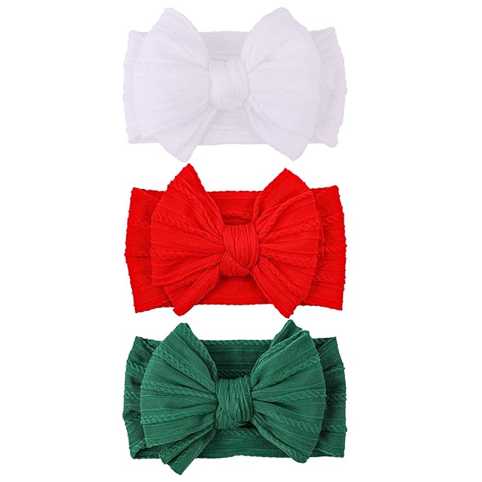 LemonSpace Handmade Baby Girls Headbands Soft Stretchy Nylon Hair Bands Hair Accessories with Bows for Newborn Baby Girls Infant Toddlers Kids (Red Green White-Merry Christmas)
