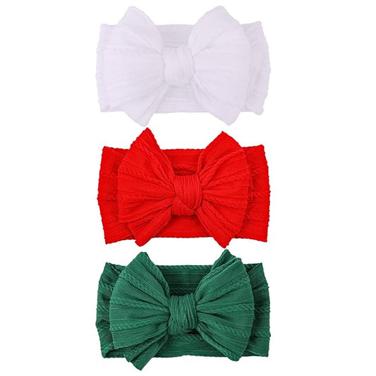 LemonSpace Handmade Baby Girls Headbands Soft Stretchy Nylon Hair Bands Hair Accessories with Bows for Newborn Baby Girls Infant Toddlers Kids (Red Green White-Merry Christmas)