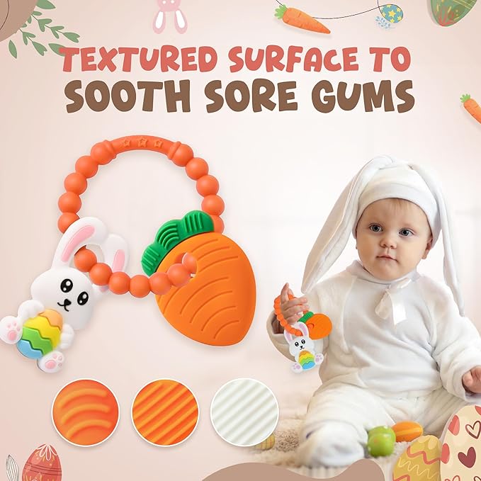Easter Eggs Bunny Teething Toys, Easter Basket Essentials Stuffers, Silicone Easter Egg Baby Carrot Teether Toys, Baby Carrots for Baby's First Easter Gifts, Easter Decorations for Infant Boys Girls