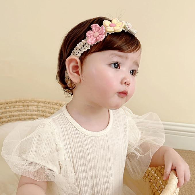Baby Girls Hairbands Lace Flowers Headband Handmade Soft Stretchy Colorful Flower Hairband Newborn Headbands with Pearls Elastic Hairbands for Infant Head Band (Glossy Pink Bow