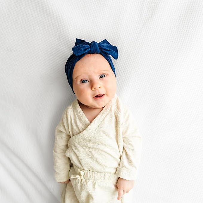 Baby Bling Bows - Newborn to Little Baby Girl Bows, 2PK PRINT SOLID KNOTS Nylon Super Soft Stretchy Toddler Headbands, Perfect Hair Accessories Head Bands for Infant Kids (Red Bandana & Navy)