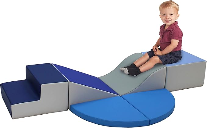 FDP SoftScape Playtime All Around Climber for Crawling Infants and Toddlers, Soft Foam Indoor Active Play with Steps and Slides, Growing Minds and Motor Skills (6-Piece) - Navy/Powder Blue, 13021-NVPB