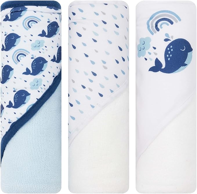 Hooded Baby Towels 3-Pack – Soft Baby Bath Towels with Hood for Newborns & Toddlers, Baby Hooded Towel Set, 30" x 26" (Whales)