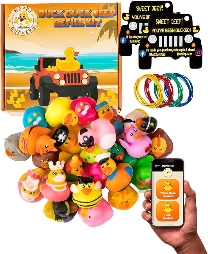 Jeep Ducks for Ducking Refill Kit- 75 Piece kit Including 25 Rubber Ducks, 25 Jeep Ducking Cards & 25 Rubber Bands Plus Official Duck Duck Jeep Mobile App - Happy Duckers
