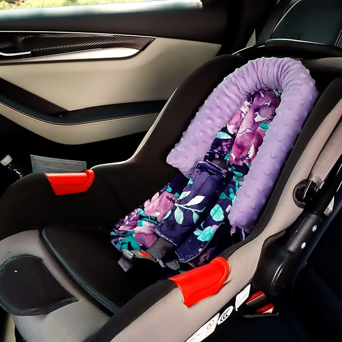 Baby Car Seat Head Support for Girls, Infant Carseat Insert Super Soft Fleece Newborn Headrest Seatbelt Covers for Car Seat, Stroller, Bouncer, Purple Flower