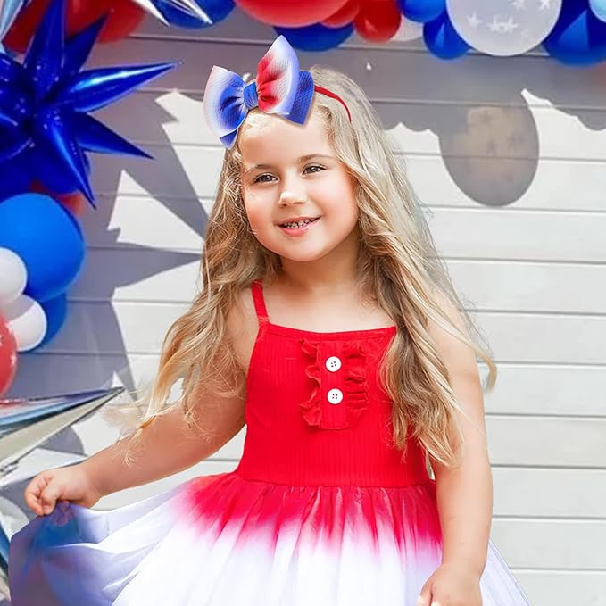 YanJie 4th of July Headband for Baby Girls and Toddlers - Red, White, and Blue Nylon Bows Accessories