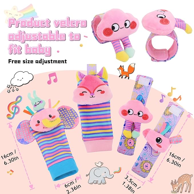 Baby Toys 0-6 Months, Rattle Socks and Wrist Sensory Toys for Infants, Socks and Foot Finder Set with Sound for Babies 6-12 Months, 0-12 Months Newborn Essentials Toy, Baby Girl Shower Gifts - Pink