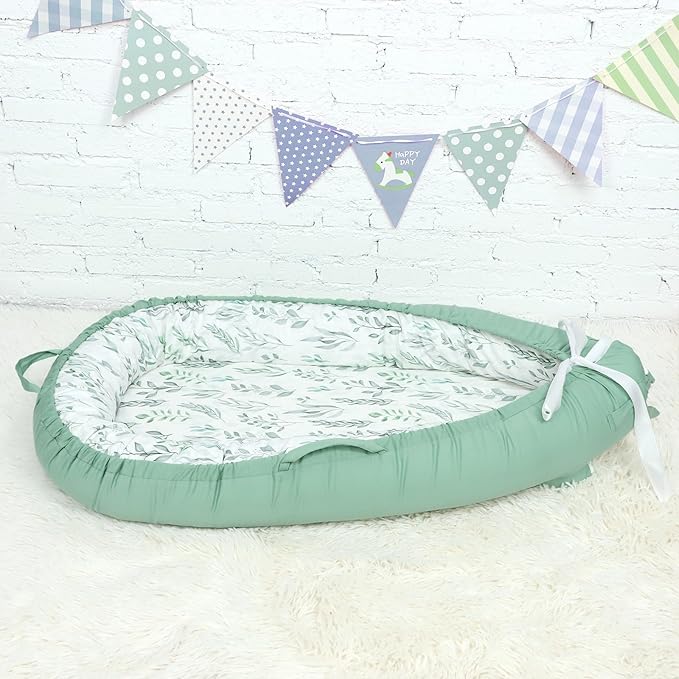 DILIMI Baby Lounger Cover, Cotton Baby Nest Replacement Cover for Girls Boys, Soft Breathable Reversible Newborn Lounger Cover, Green Leaf (Only Cover)