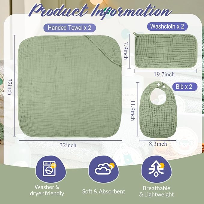 Hahafelt 6 Pcs Muslin Hooded Bath Towels Washcloths and Bibs Set, Muslin Cotton Baby Towels Absorbent Hooded Blanket Towel Infant Bibs for Boys Girls Newborn Infant Essential(Light Blue, Light Green)