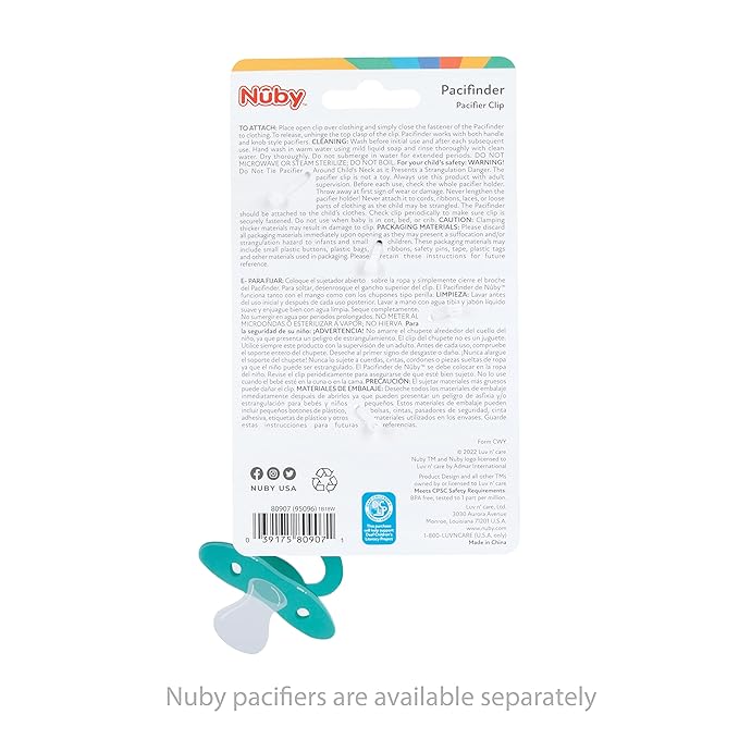 Nuby Pacifinder Silicone Pacifier Clip - Baby Pacifier Holder Clip with Convenient Hook Loop - Mustache