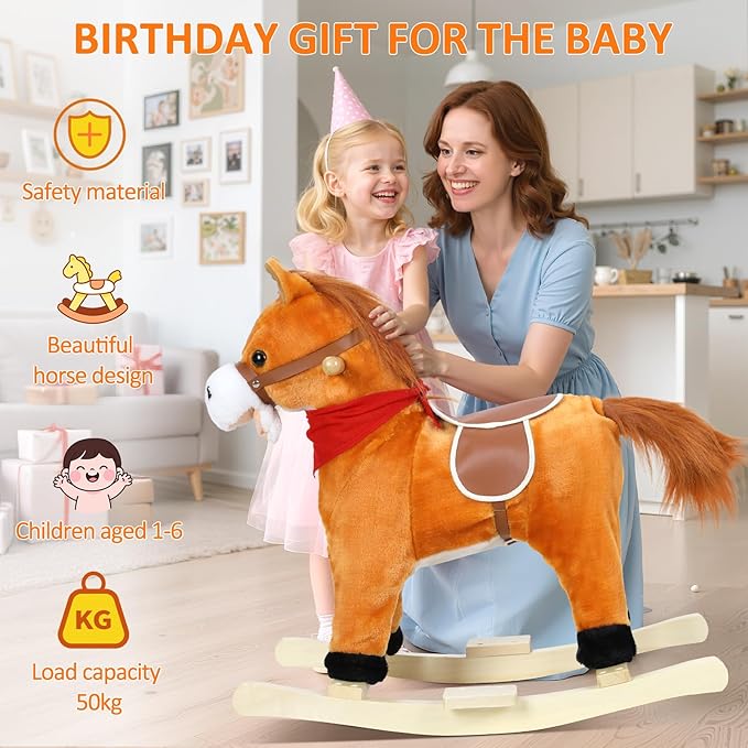 Rocking Horse for Toddlers Ages 1-6, Plush Ride On Toy with Sounds Moving Mouth & Wagging Tail, Interactive Wooden Rocker for Kids, Baby Rocking Chair Toys up to 120kg (Light Brown Small)