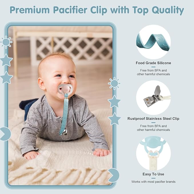TenderBabe Silicone Pacifier Clip Holder for Baby Girls and Boys, Pack of 6 Soft Flexible Paci Binky Clips with One Piece Design