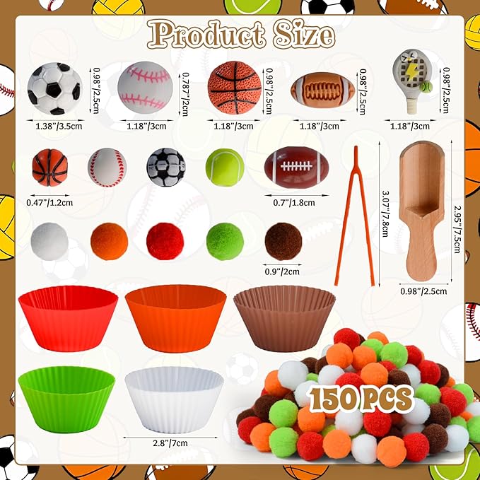 242pcs Sports Balls Sensory Bin Filler Fine Motor Toys Ball Sensory Bin Items Easter Soccer Baseball Basketball Football Tennis Sensory Bin Items Pom Poms for Color Counting Sorting