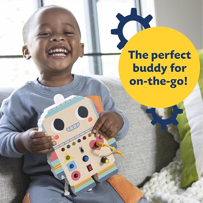 Peaceable Kingdom Blinkity Bot Light Up Busy Board for Toddlers Montessori Wooden Toy