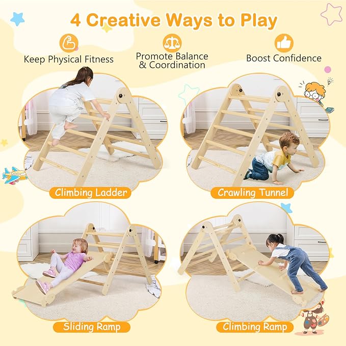 HONEY JOY Climbing Toys for Toddlers, 4 in 1 Foldable Wooden Montessori Kids Triangle Climber, Double Side Ramp & Climber, Baby Learning Indoor Climbing Ladder Gym for Boys Girls (Natural)