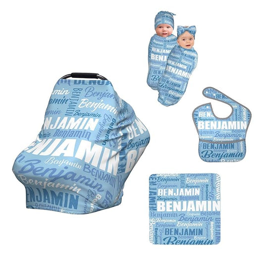 Personalized Baby Car Seat Cover for Boys Girls, Custom Monogram Nursing Covers for Breastfeeding with Name, Infant Stroller Cover, Optional Baby Bib, Baby Swaddle Set for Newborn Infant