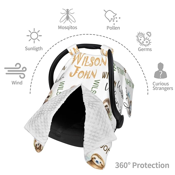Personalized Winter Car Seat Covers for Babies with Name Sloth Minky Baby Car Seat Cover for Boys Girls Custom Infant Carseat Covers Baby Blanket Nursing Cover Breastfeeding Scarf