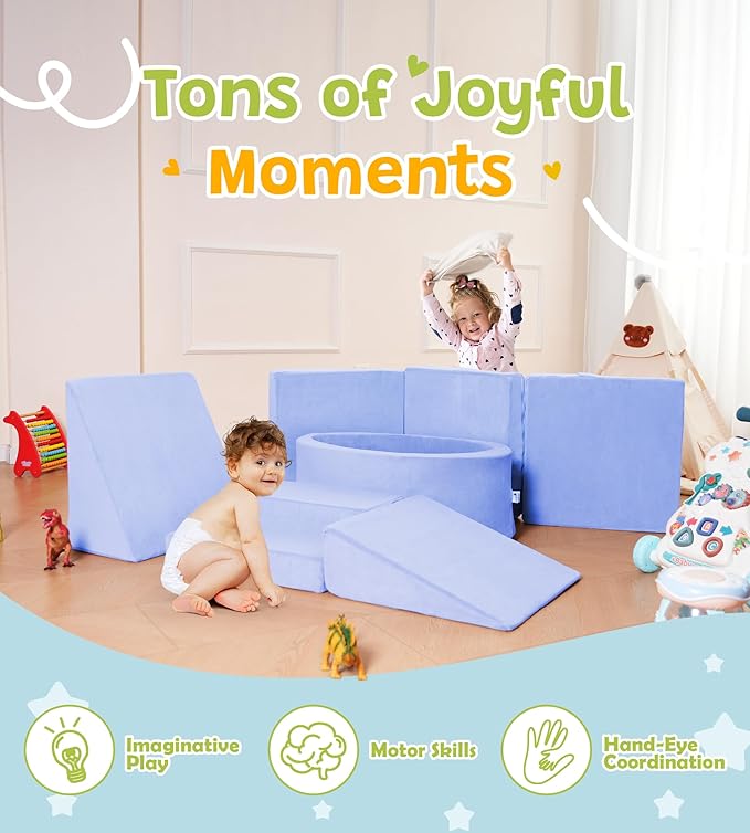 Elftopia Foam Climbing Blocks with Ball Pit & Stairs for Toddlers Aged 1-3 -Soft Playset for Indoor Crawling, Foam Playground Set for Baby to Active Playing Inside -(Balls NOT Included),Light Blue