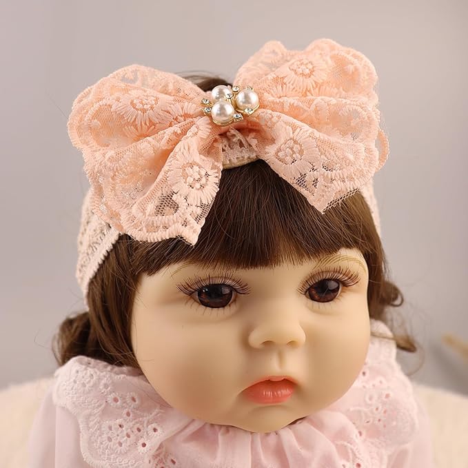 Lace Flower Bow-knot Baby Girls Headband Birthday Infant Wrap Elastic Baby Turban Hairband for Newborn Infant Toddler Kids (Pink pearl)