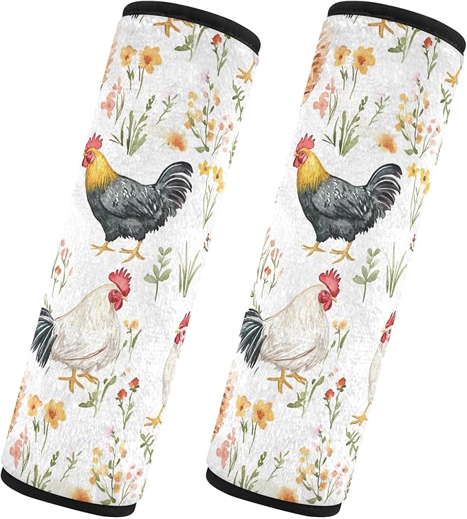 CHIFIGNO 2 Pack Colorful Roosters Cute Flowers Seat Belt Covers Cute Seat Belt Cushion Cover Shoulder Pad Auto Interior Accessories Protect Your Neck and Shoulder
