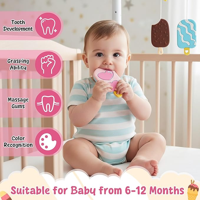 Summer Silicone Teether Toy for Babies - 2ooya 3Pcs Ice Cream BPA Free Food Grade Teething Sensory Toys Infant Toddler Soft Sore Gums Pain Teething Relief Chew Teether for Newborn 6-12 Months Birthday