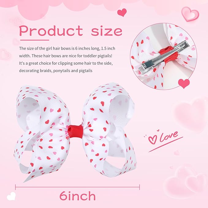 Oaoleer 2PCS Valentine's Day Hair Bows for Girls, Pink Bows Hair Alligator Clips Hair Barrettes for Baby Girls Infants Toddlers Kids Teens Children