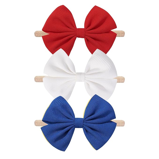 4th of July Baby Girls Bows Elastic Nylon Headbands Red Bows for Baby Girls Toddler Hair Bows Accessories Blue Newborn Bows for Infant Toddlers Kids (4.5 Red White Blue)