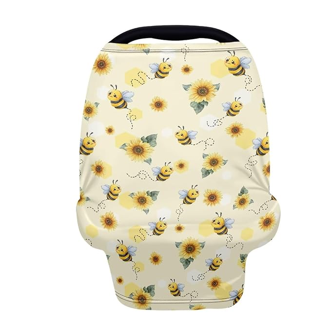 Wanyint Baby Car Seat Cover Cute Carseat Canopy for Babies Boys Girls Multi-Use Nursing Breastfeeding Covers Nursing Scarf Halloween Decoration, Bee Print Sunflower Yellow