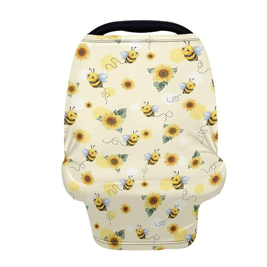 Wanyint Baby Car Seat Cover Cute Carseat Canopy for Babies Boys Girls Multi-Use Nursing Breastfeeding Covers Nursing Scarf Halloween Decoration, Bee Print Sunflower Yellow