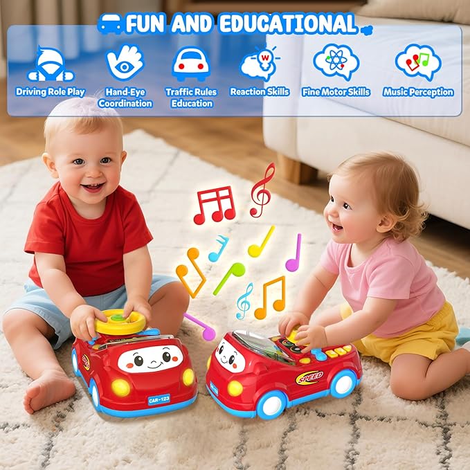 Toys for 1 Year Old Boy Gifts - 2-in-1 Toddler Push Car & Musical Racing Adventure Steering Wheel Driving Game, Interactive Simulated Driving Car for Baby 12-18 Months, Birthday Gift Ages 1-2, Red