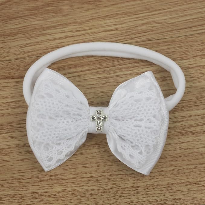 Nihao Baby Off White Lace Bow Small Baptism Headband for Baby Girls -2 PCS