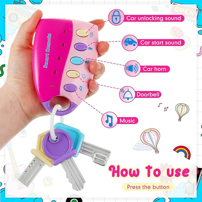 Skylety Musical Smart Remote Car Key Toy with Sound and Lights Fun and Educational Musical Toys for Travel Play(Pink)