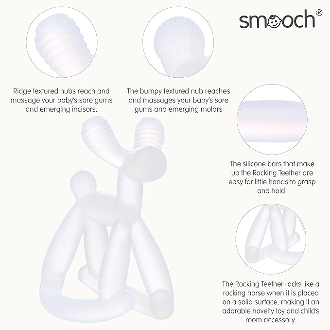 Smooch Rocking Teething Toys for Babies 0-6 Months, 12, 18 - Easy to Hold Silicone Baby Teether, Soft Infant Teething Toys Provides Baby Teething Relief & Soothes Sore Gums (Clear)