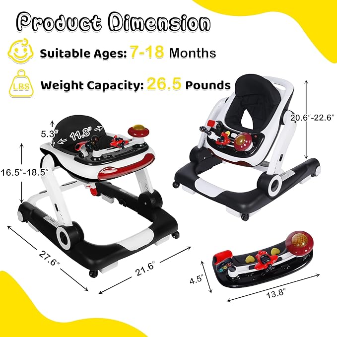 TODEFULL 6 in 1 Baby Walker, Baby Activity Walker for Toddler, Push Walker w/Adjustable Height Speed, Learning-Seated & Walk-Behind, Infant Walker w/Feeding Tray & Music Toys, Black