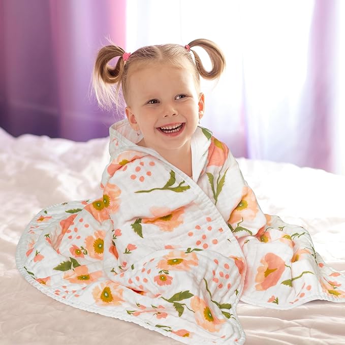 Zainpe 4Pcs Muslin Baby Hooded Towel & Washcloth Set, Spring Flowers Soft Absorbent Cotton Bath Hand Towels Infant Shower Gifts for Newborn Toddler Boys Girls Feeding Teething Sleeping 31.5 X 31.5 in