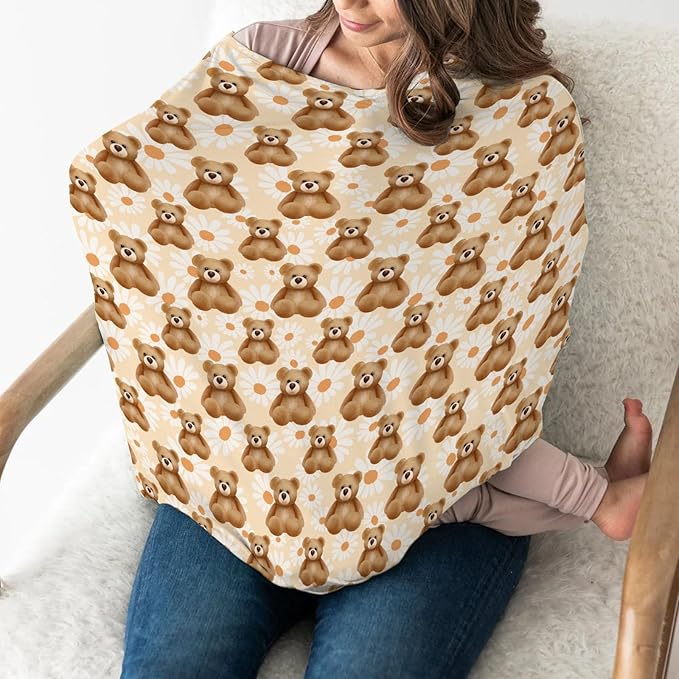 Vintage Bear Daisy Baby Car Seat Covers Retro Bears Boho Floral Stretchy 5-in-1 Cover Adjustable Car Canopy Breastfeeding Cover Spring Animals Breathable Nursing Cover-Up
