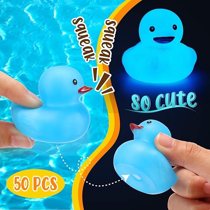 Tradder 50 Pcs 2 Inch Glow in The Dark Rubber Ducks Bulk Summer Rubber Float Ducks Light for Pool Bath Bathtub Autumn (Blue)