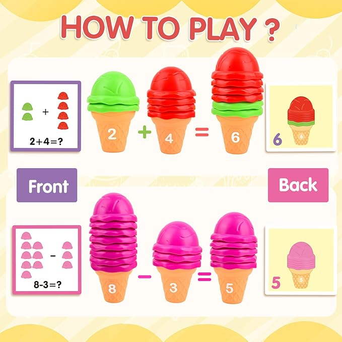 Ice Cream Toy Counting and Color Sorting Set for Toddlers, Montessori Preschool Kindergarten Learning Activities Fine Motor Skill Toys, Number Math Games Learning Toy Gifts for Kids Boys Girls Age 3-5