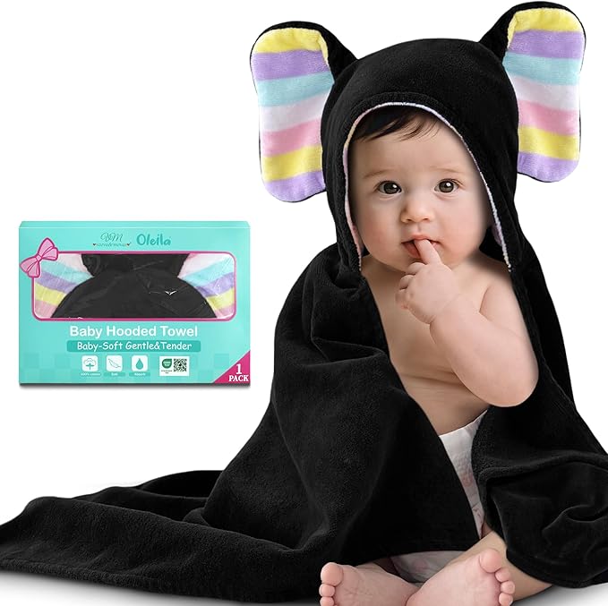 VOOVA & MOVAS Cute Elephant Ears Baby Hooded Bath Towel – Super Absorbent, 420GSM, 100% Cotton – 33" x 31.5", Thick – for 0–18 Months Newborn, Infant, Toddler – Baby Essentials, Black